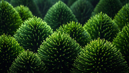 Fototapeta premium A dense, stylized forest pattern composed of perfectly round, vibrant green pine or fir trees seen from a high angle, creating a seamless natural texture. Christmas tree, environmental concepts.