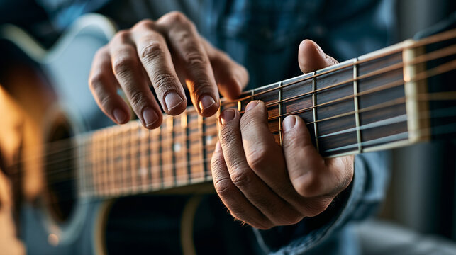 Musician's hands skillfully pressing strings on an acoustic guitar fretboard, creating music and melody, focusing on the passion and performance of instrumental art