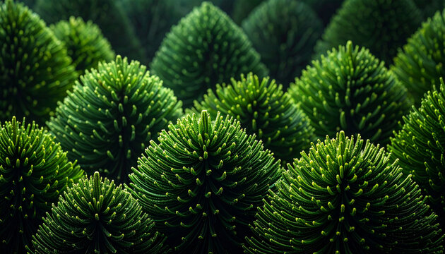 A dense, stylized forest pattern composed of perfectly round, vibrant green pine or fir trees seen from a high angle, creating a seamless natural texture. Christmas tree, environmental concepts.