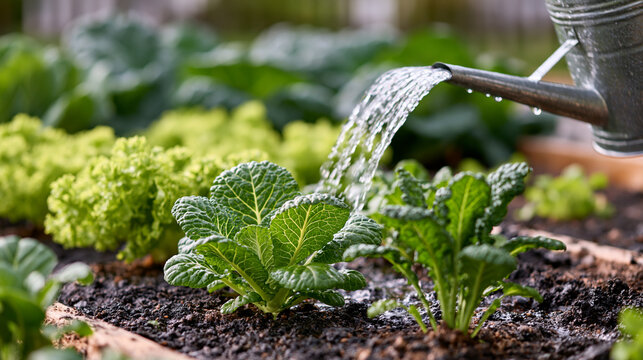 Watering can pouring fresh water onto young green plants in fertile soil, showing healthy vegetable growth in an organic garden bed