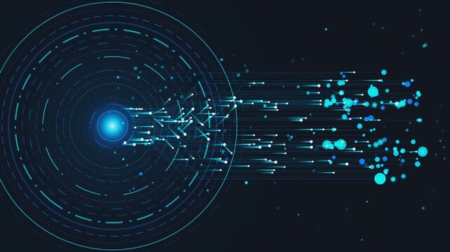 Abstract data transmission concept with glowing blue particles and circular interface.