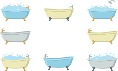 Naklejka premium Bathtub Set with Bubble, Shower, and Faucet Designs for Bathroom, Hygiene, Spa, and Home Interior Illustrations