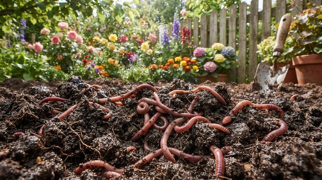Group of Earthworms on Soil in Lush Garden Environment
