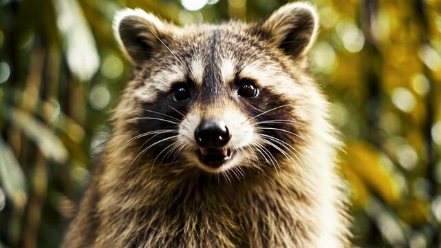 Close-up portrait of a fluffy raccoon with a joyful facial expression and open mouth showing teeth, positioned against a blurred forest background with warm sunlight and foliage.