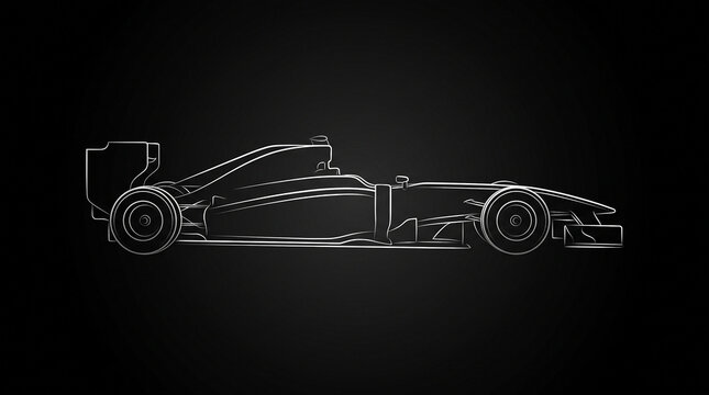Detailed white outline sketch of formula racing car silhouette with rear wing and open wheel design on black wall.