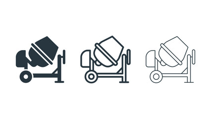 Fototapeta premium Set of three different concrete mixer icons isolated on white background featuring solid fill outline and thin line graphic design styles