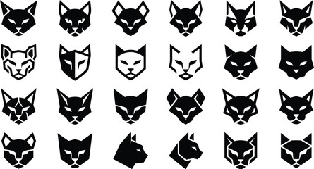 Set of black silhouette geometric cat faces and abstract wild feline head icons © MDMUNTASSER