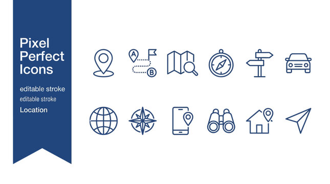 Minimalist line icons representing maps, pins, routes, and travel &mdash; clean, modern vector style for navigation and geographic interface design.
