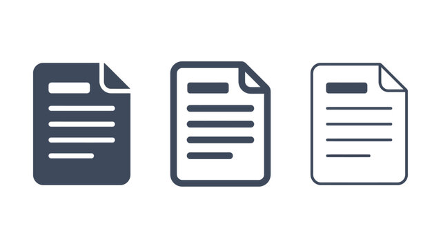 Set of three document file icons illustrating different styles of paper sheet symbols for digital interface design and web development applications