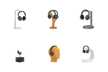 Collection of modern headphone stands and display holders in various shapes and flat for audio equipment storage © BlackVault Designs