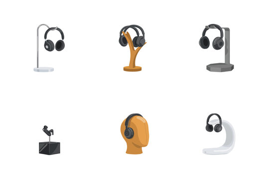 Collection of modern headphone stands and display holders in various shapes and flat for audio equipment storage