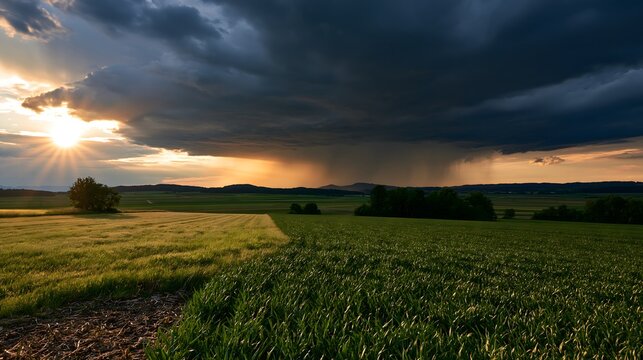 Dramatische Gewitterfront &uuml;ber gr&uuml;nen Feldern bei tief stehender Sonne