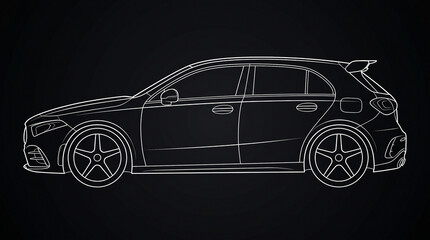 Naklejka premium Sleek car line art illustration featuring a contemporary hatchback design in a clean side profile, black background.