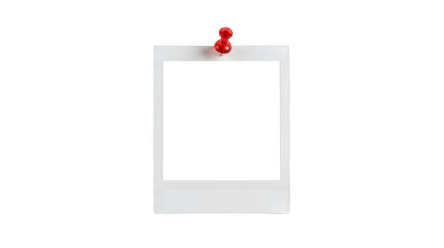 Blank polaroid photo frame pinned with a red push pin isolated on transparent background