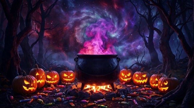 Spooky halloween cauldron with magic purple fire and jack o lantern in enchanted forest