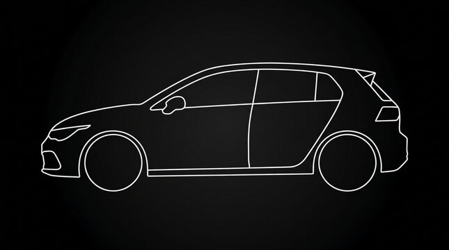 Simple line art illustration of a generic modern car, side profile on a dark background, clean white outline.
