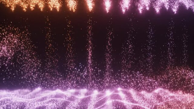 Abstract motion background of glowing golden and purple particles falling like rain or sparkling dust over a wavy digital wave in a dark cinematic space with bokeh effect