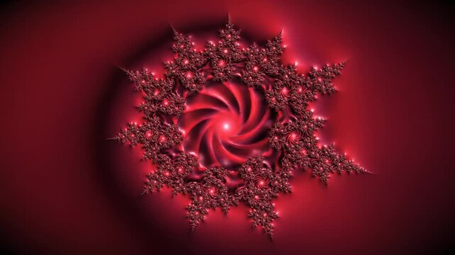 Abstract red fractal geometry pattern with swirling spiral motion and intricate symmetrical crystalline shapes on a dark gradient background for creative digital art concept