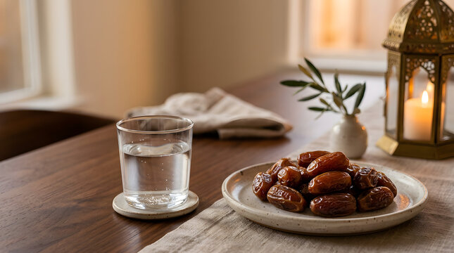 A bowl of fresh dates and a glass of water set for Iftar during Ramadan