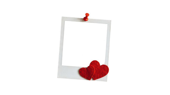 Blank instant photo frame with red hearts isolated on transparent background