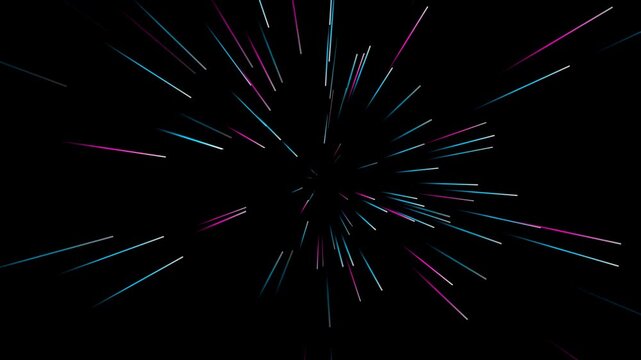Futuristic neon light trails zooming into the center on black background, hyper speed space travel or time warp motion effect background.
