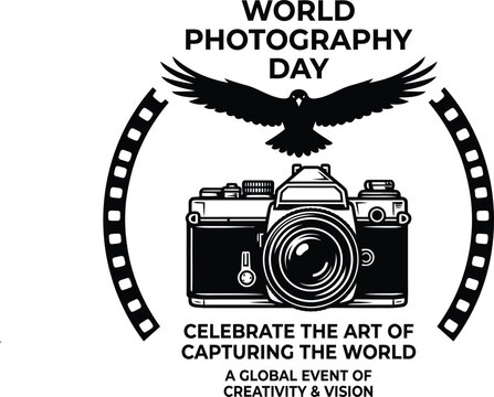 World photography day emblem featuring a camera and eagle in a bold black and white silhouette
