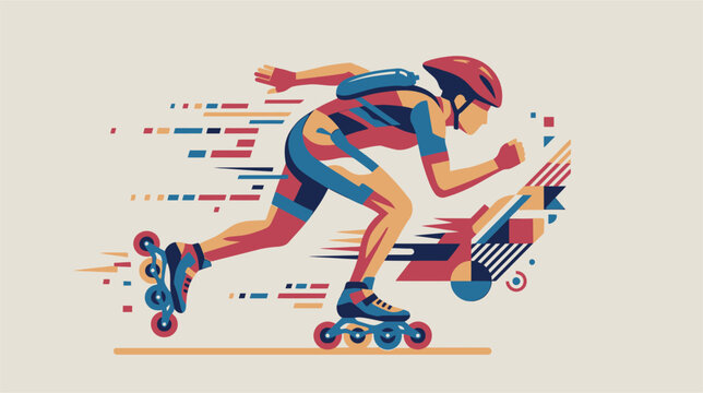 Professional athlete performing an inline skating sprint on an asphalt track during a competitive racing event, wearing protective gear and rollerblades in a dynamic pose.