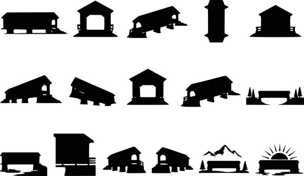 Covered bridge silhouette icon set with wooden bridge and mountain backdrop symbols