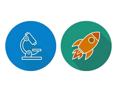 Set of flat circular icons featuring a microscope and a rocket launch.