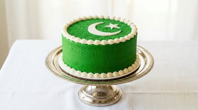 A delicious round cake decorated with green frosting and a white crescent moon and star representing the pakistan national flag