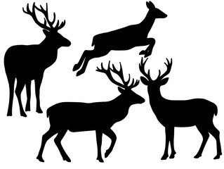 Black Deer Silhouette Bundle with Standing and Running Deer. Wild Deer and Antlered Stag Silhouette Clipart Collection. Deer Silhouette Collection with Stag and Doe Vector Set.  © rahayu