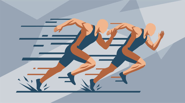 Professional vector illustration of competitive sprinters racing on a running track during a track and field event. Detailed depiction of athletes in motion, starting blocks, and lane markers.