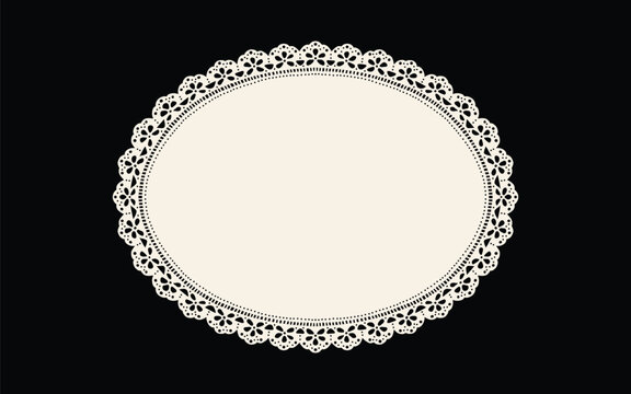 Hand drawn ornamental oval lace doily with delicate filigree edges. Elegant vintage frame template for romantic wedding invitations. Premium vector graphic element for aesthetic cottagecore print.