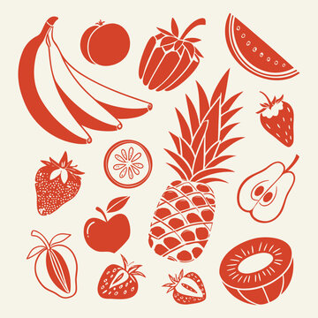 Red silhouette illustration of assorted tropical fruits