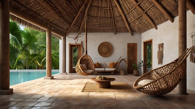 Mayan traditional home with palm roof, clay floors, and woven hammocks, 3D render