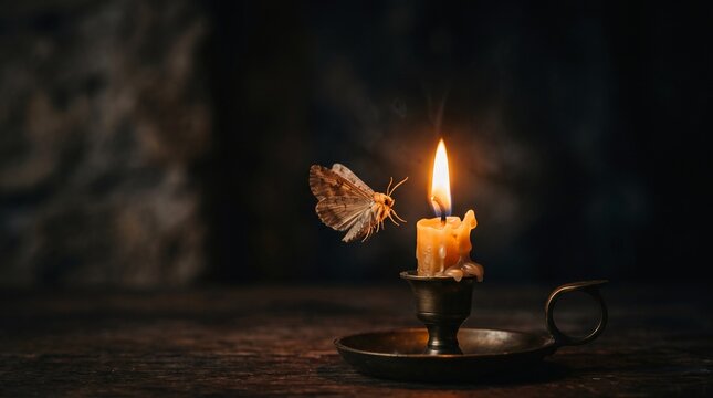 Moth Flying Towards Lit Candle on Wooden Table