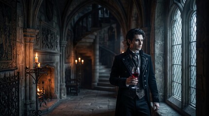 Naklejka premium Man Holding Red Wine in Gothic Castle Interior