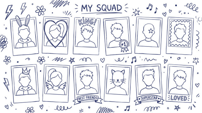 My squad doodle photo frames illustration, cute friends polaroid pictures and hand drawn doodles vector set