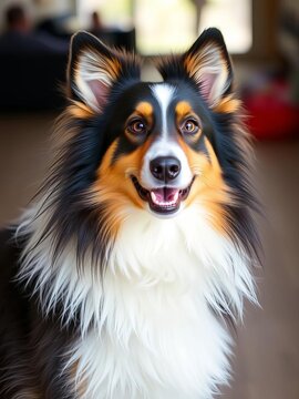 Furry, energetic dog with distinctive collie features in a playful pose, movement, brown