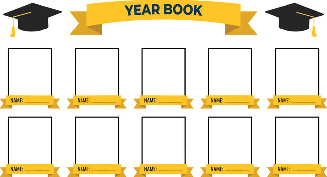 Graduation yearbook page template with student photo frames, graduation caps, and name banner vector illustration
