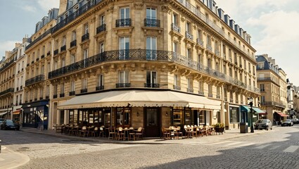 Fototapeta premium Classic parisian street corner featuring traditional cafe with outdoor seating and historic ornate.