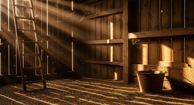 Warm golden sunlight illuminating the dusty interior of an old rustic barn