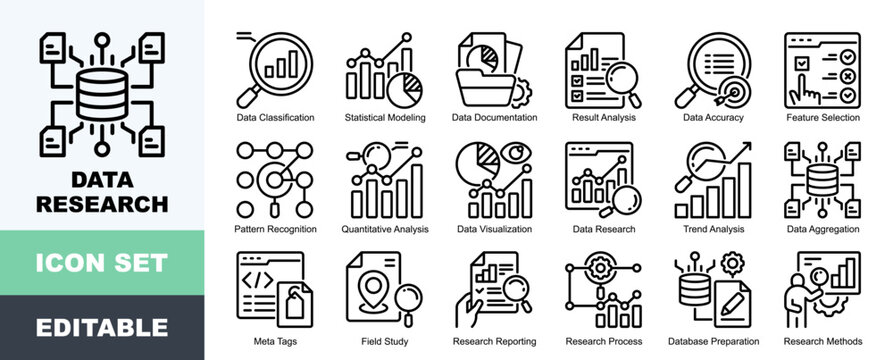 Data Research Icon Pack Featuring Data Classification, Statistical Modeling, Documentation, Result Analysis, Feature Selection, Pattern Recognition, Quantitative Analysis