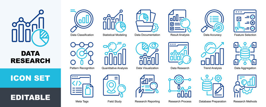 Data Research Icon Pack Featuring Data Classification, Statistical Modeling, Documentation, Result Analysis, Feature Selection, Pattern Recognition, Quantitative Analysis