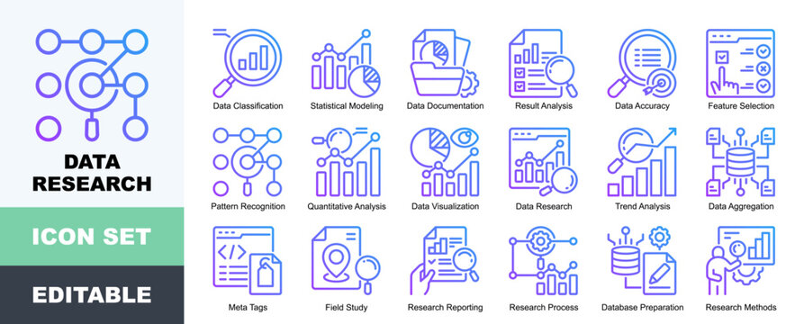 Data Research Icon Pack Featuring Data Classification, Statistical Modeling, Documentation, Result Analysis, Feature Selection, Pattern Recognition, Quantitative Analysis