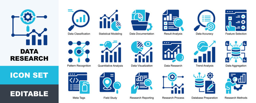 Data Research Icon Pack Featuring Data Classification, Statistical Modeling, Documentation, Result Analysis, Feature Selection, Pattern Recognition, Quantitative Analysis