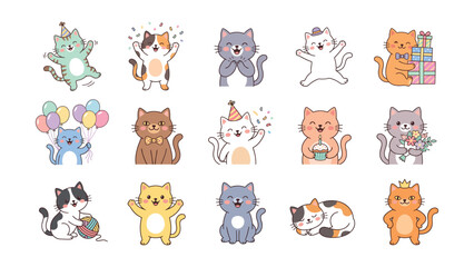 Obraz premium Adorable Party Cat Cartoon Collection with Gifts Balloons Cake Flowers and Cute Pet Celebration Characters