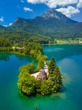 Aerial view of Lake Doxa with Agios (saint) Fanourios chapel in Peloponnese, Greece