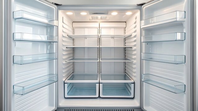 Interior view of an empty modern refrigerator with open doors and clean glass shelves and storage drawers