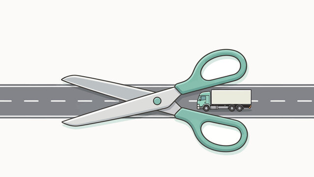 Cartoon illustration of oversized scissors cutting a highway road with a delivery truck driving on the